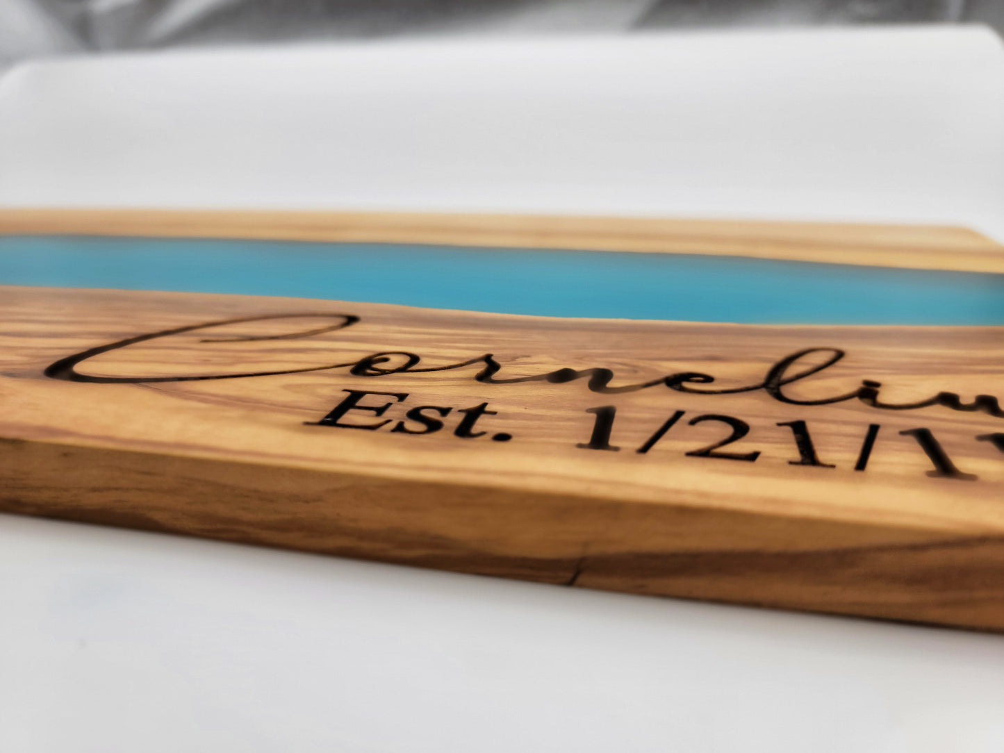 Custom Olive Wood and Blue Resin Cutting Board