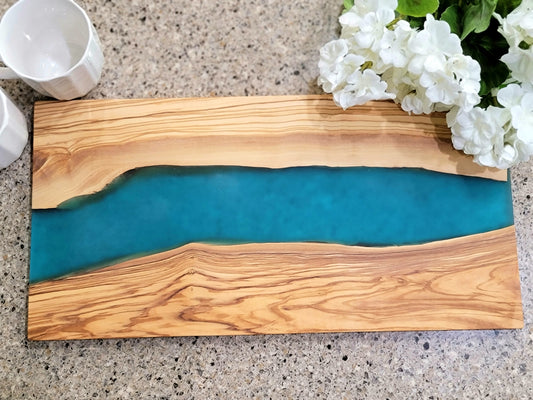 Custom Olive Wood and Blue Resin Cutting Board