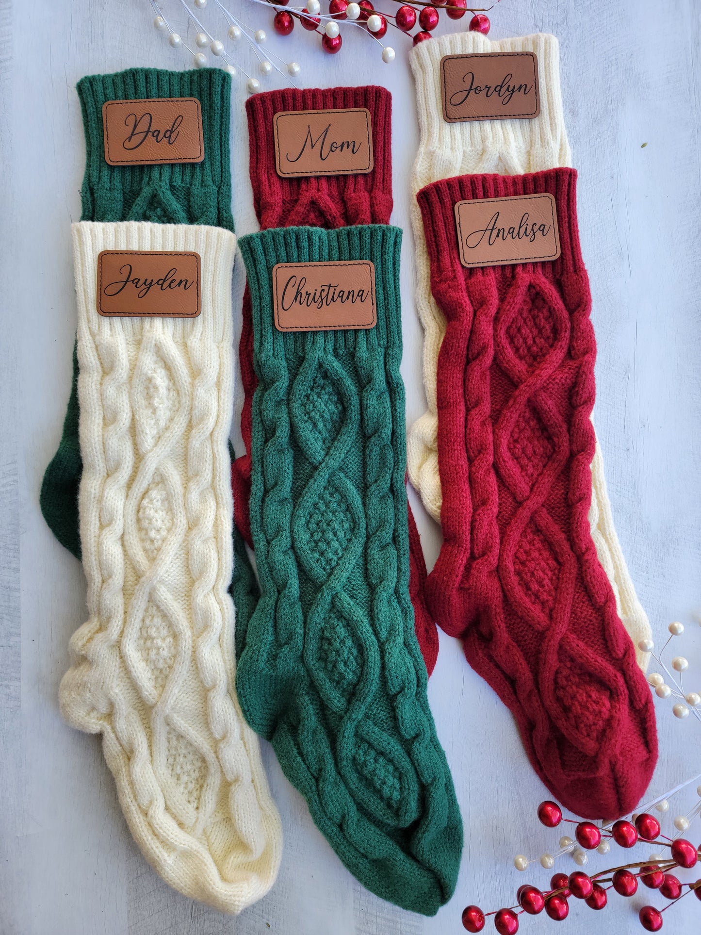 Knit Stocking with Engraved Personalized Leather Patch