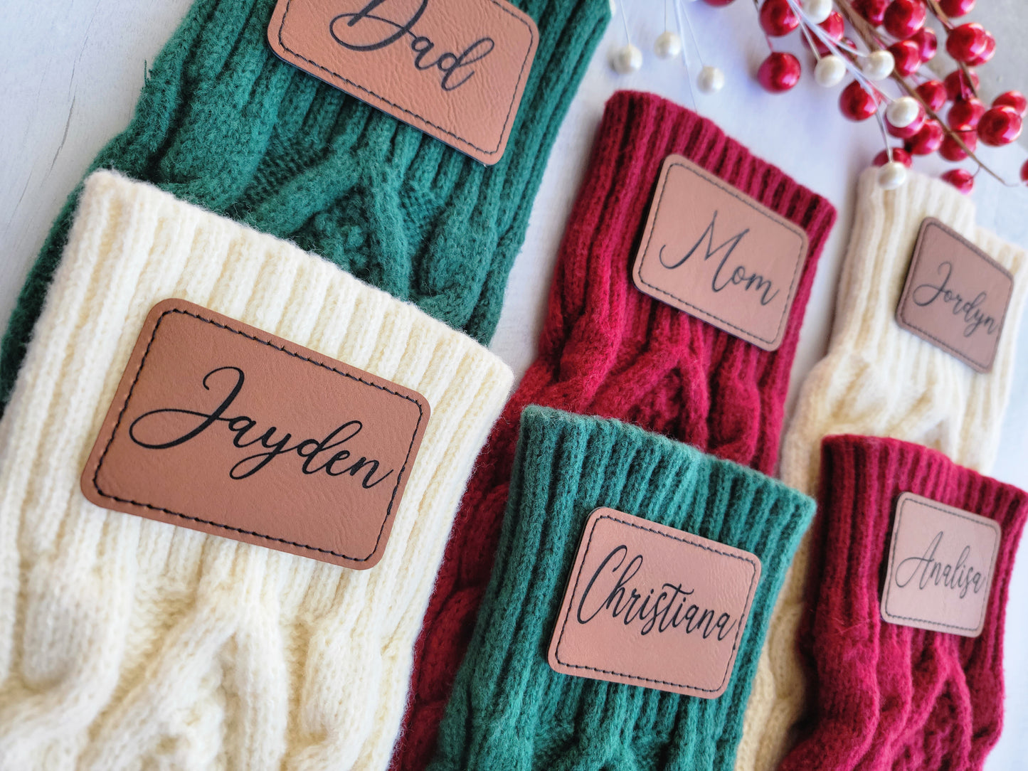 Knit Stocking with Engraved Personalized Leather Patch