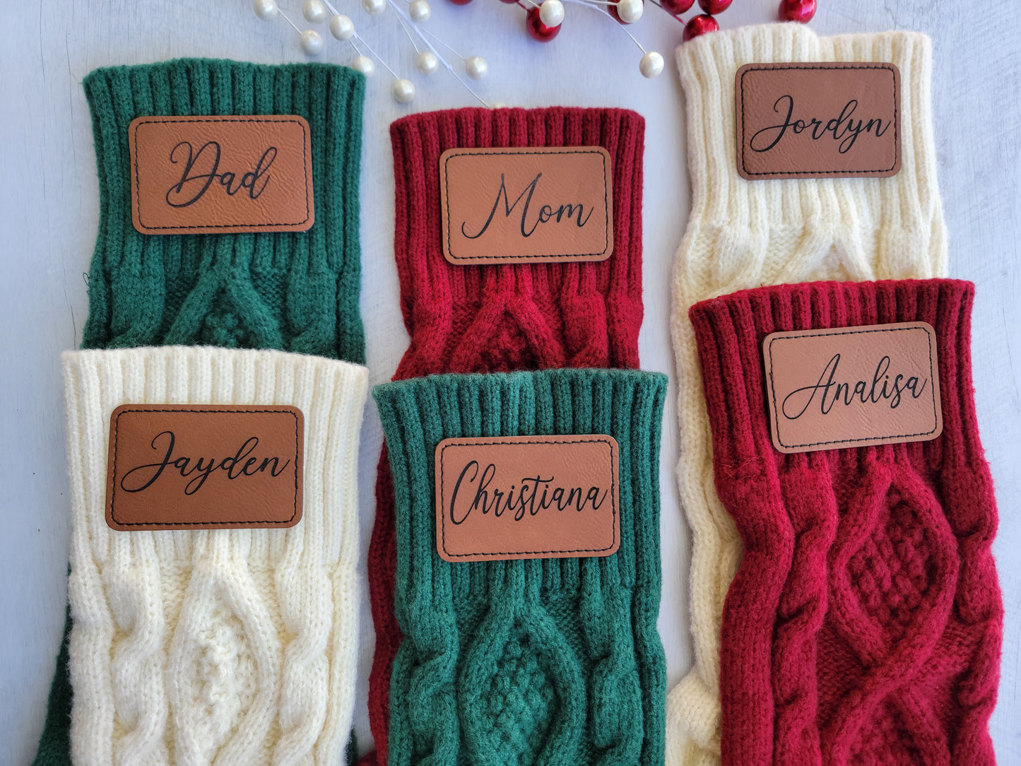 Knit Stocking with Engraved Personalized Leather Patch