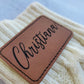 Knit Stocking with Engraved Personalized Leather Patch