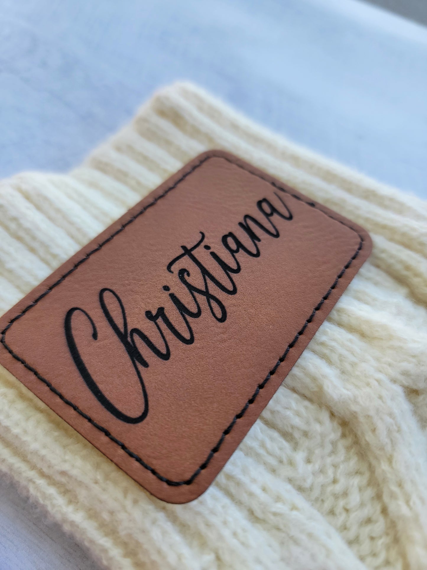 Knit Stocking with Engraved Personalized Leather Patch